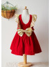 Red Velvet Gold Sequin V Back Knee Length Flower Girl Dress